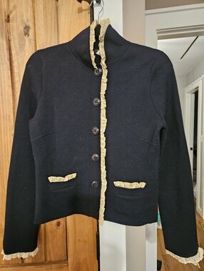 Navy Blue Women's Button-Front Sweater Jacket with Cream/yellow Trim